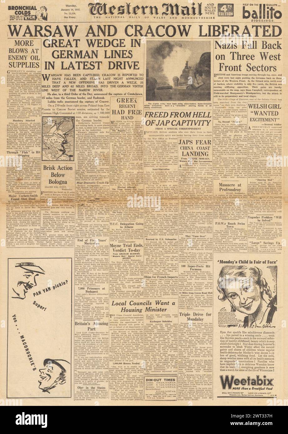 1945 Western Mail berichtet über die Eroberung von Warschau und Krakau durch die Rote Armee und die Ardenschlacht Stockfoto