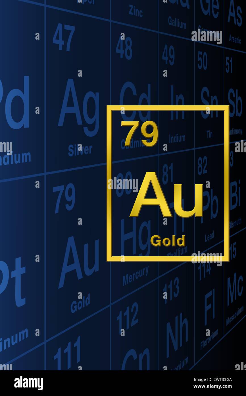 Gold, Symbol für chemische Elemente mit Reliefform, aus dem Periodensystem im Hintergrund. Edles und edles Metall mit chemischem Symbol Au. Stockfoto