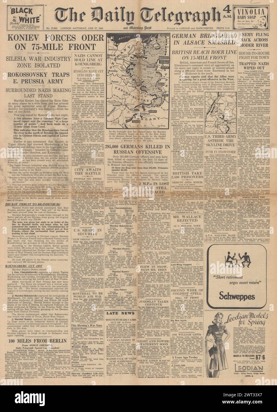 1945 die Titelseite des Daily Telegraph berichtet über den Vormarsch der Roten Armee in Schlesien, Ostpreußen abgeschnitten und deutscher Brückenkopf im Elsass zerschlagen Stockfoto