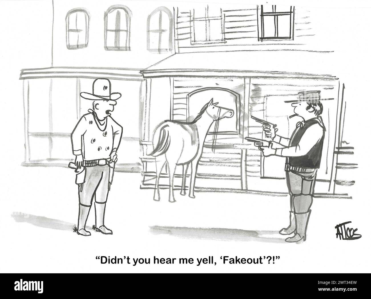 BW-Cartoon einer Schießerei. Ein Teilnehmer ist sehr ernst und der andere ist „Fakeout“. Stockfoto