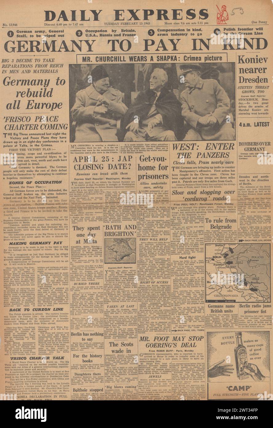 1945 Daily Express-Titelseite berichtet über die Yalta-Konferenz Stockfoto