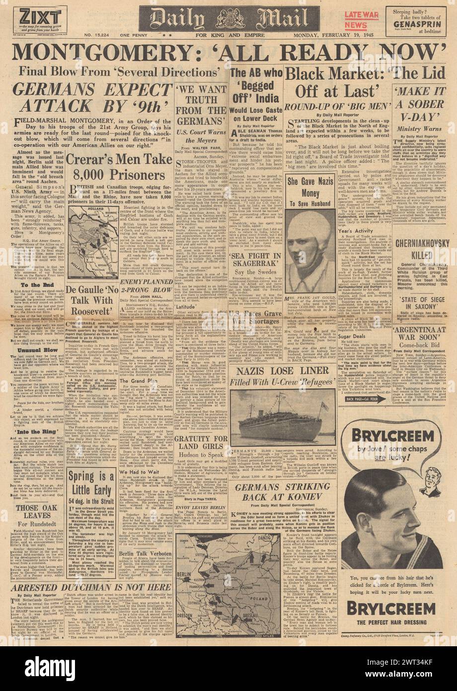 1945 Daily Mail-Titelseite berichtet, dass die Alliierten bereit sind, Wilhelm Gustloff zu stürzen Stockfoto
