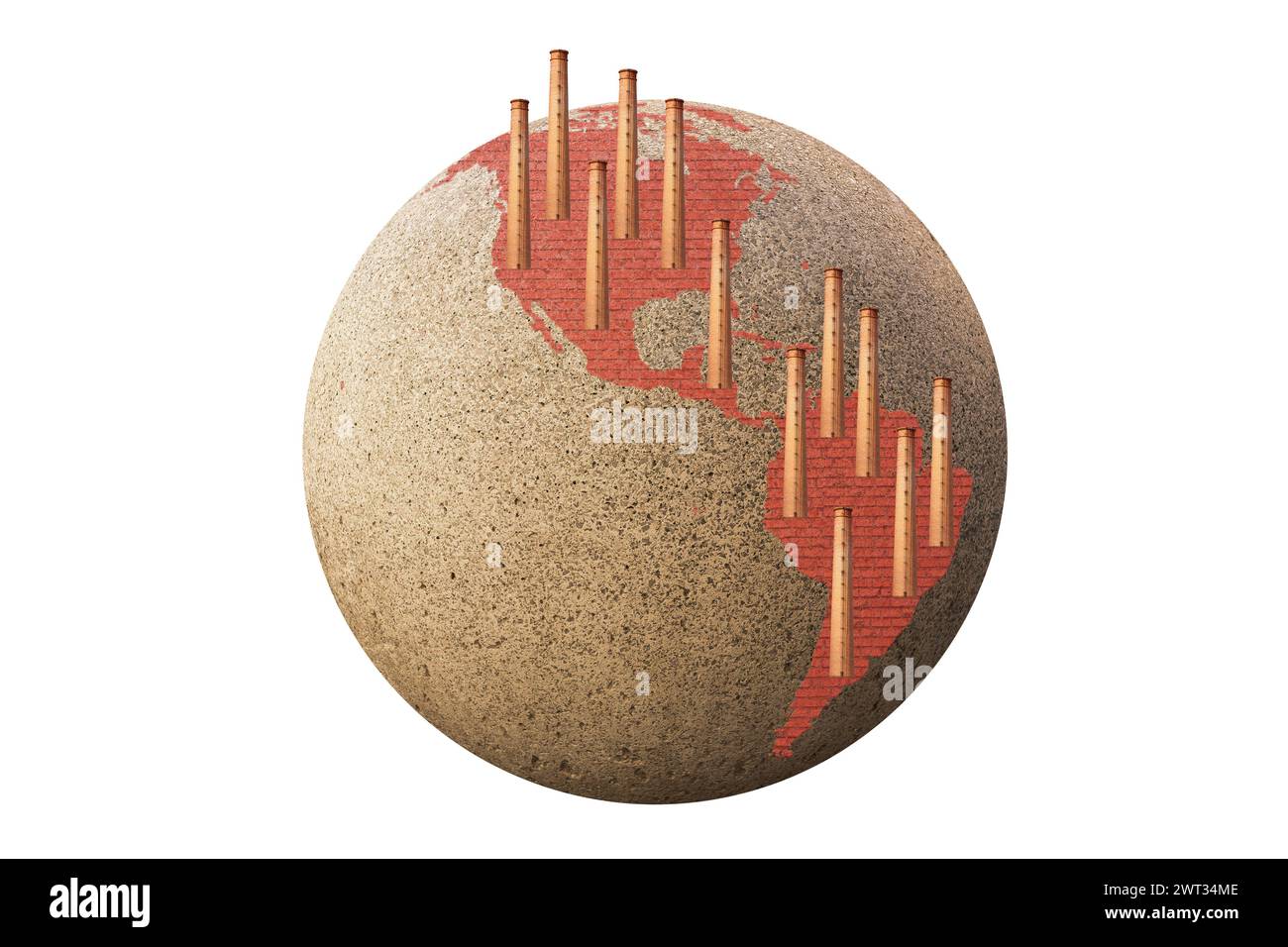 Erde mit dem Kontinent Amerika, bedeckt von den Schornsteinen seiner Fabriken. Umweltverschmutzung und Klimaerwärmung. Stockfoto