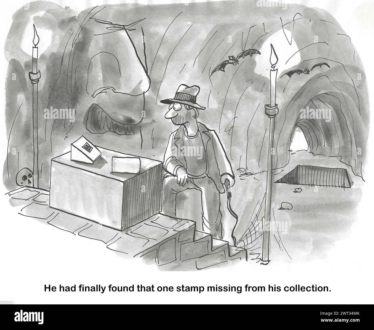 BW-Cartoon eines Forschers, der seinen letzten Stempel für seine Sammlung in einer tiefen Höhle findet. Stockfoto