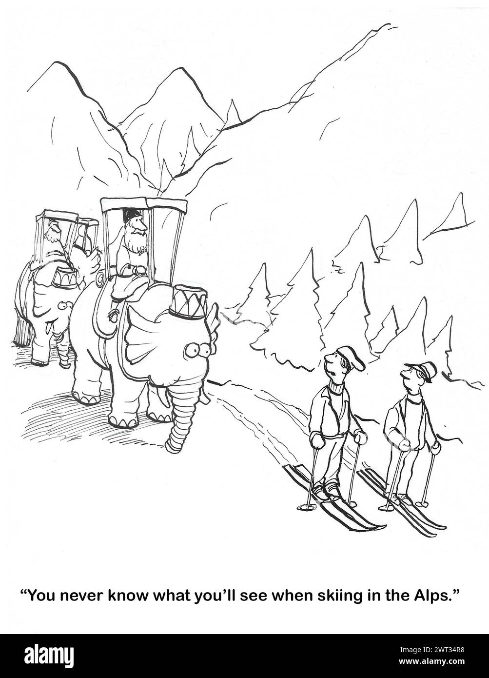 BW-Cartoon von Männern, die in den Alpen Ski fahren, während Hannibals Elefanten durchqueren. Stockfoto