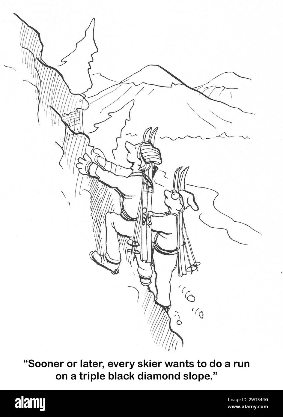 BW Cartoon von zwei männlichen Skifahrern, die den Berg hinaufklettern, um die dreifache schwarze Diamantpiste zu erreichen. Stockfoto