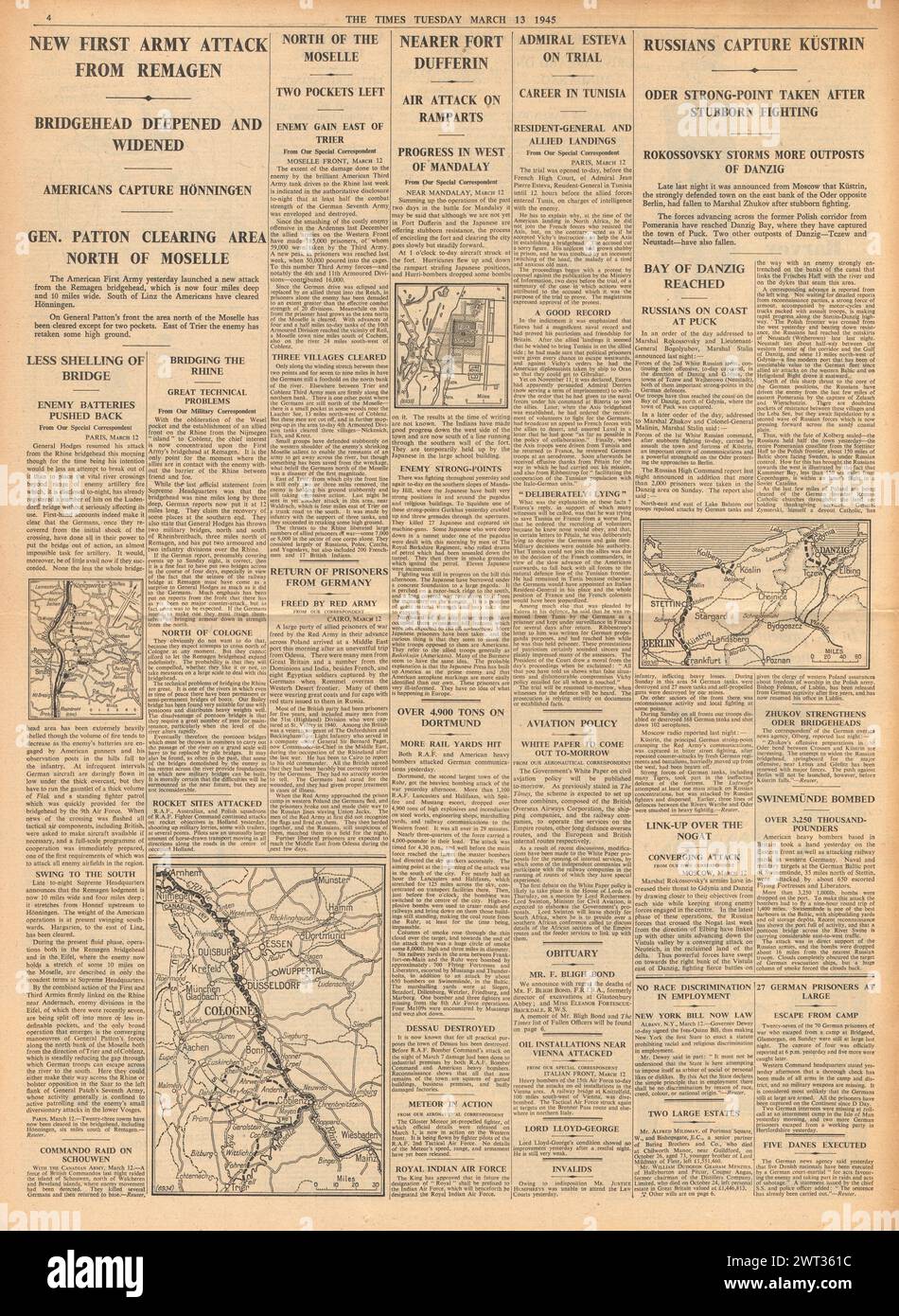 1945 berichtete die Times von Alliierten auf dem Rhein, US-Truppen erobern Honningen, Rote Armee erobern Kustrin, RAF Bomb Dortmund und deutsche Kriegsgefangene fliehen in Wales Stockfoto