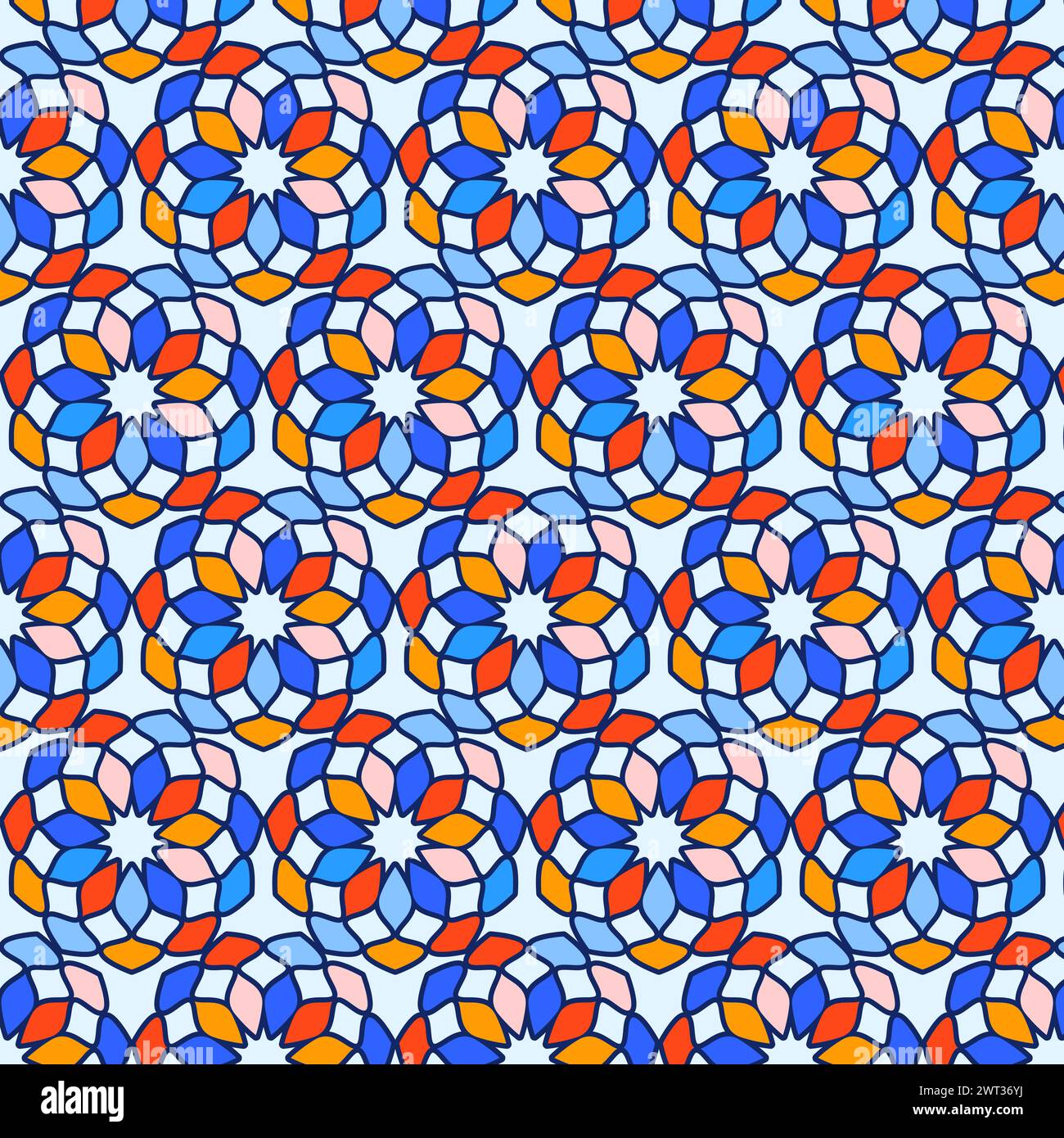 Nahtloses Muster Buntglasfenster Kaleidoskop farbenfrohes Muster. Mosaikvektor-Illustration. Isoliert auf hellblauem Hintergrund. Stock Vektor