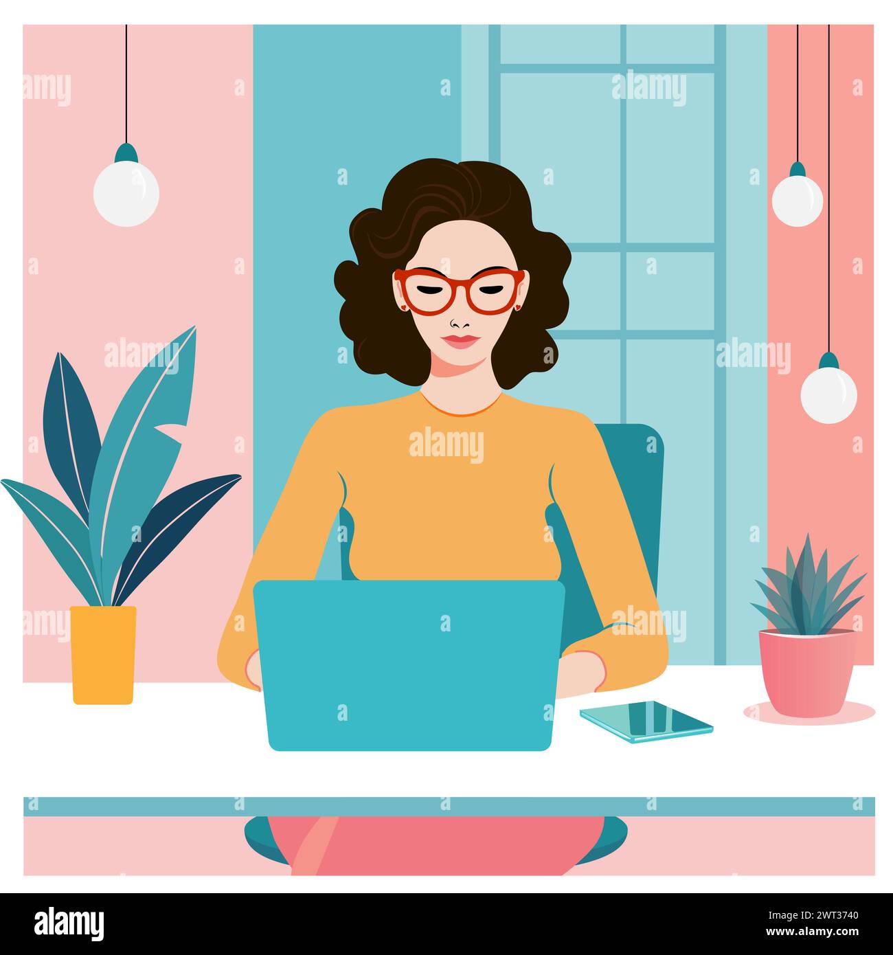 Eine junge Frau sitzt an einem Schreibtisch in einem modernen Büro und arbeitet an einem Laptop Stock Vektor
