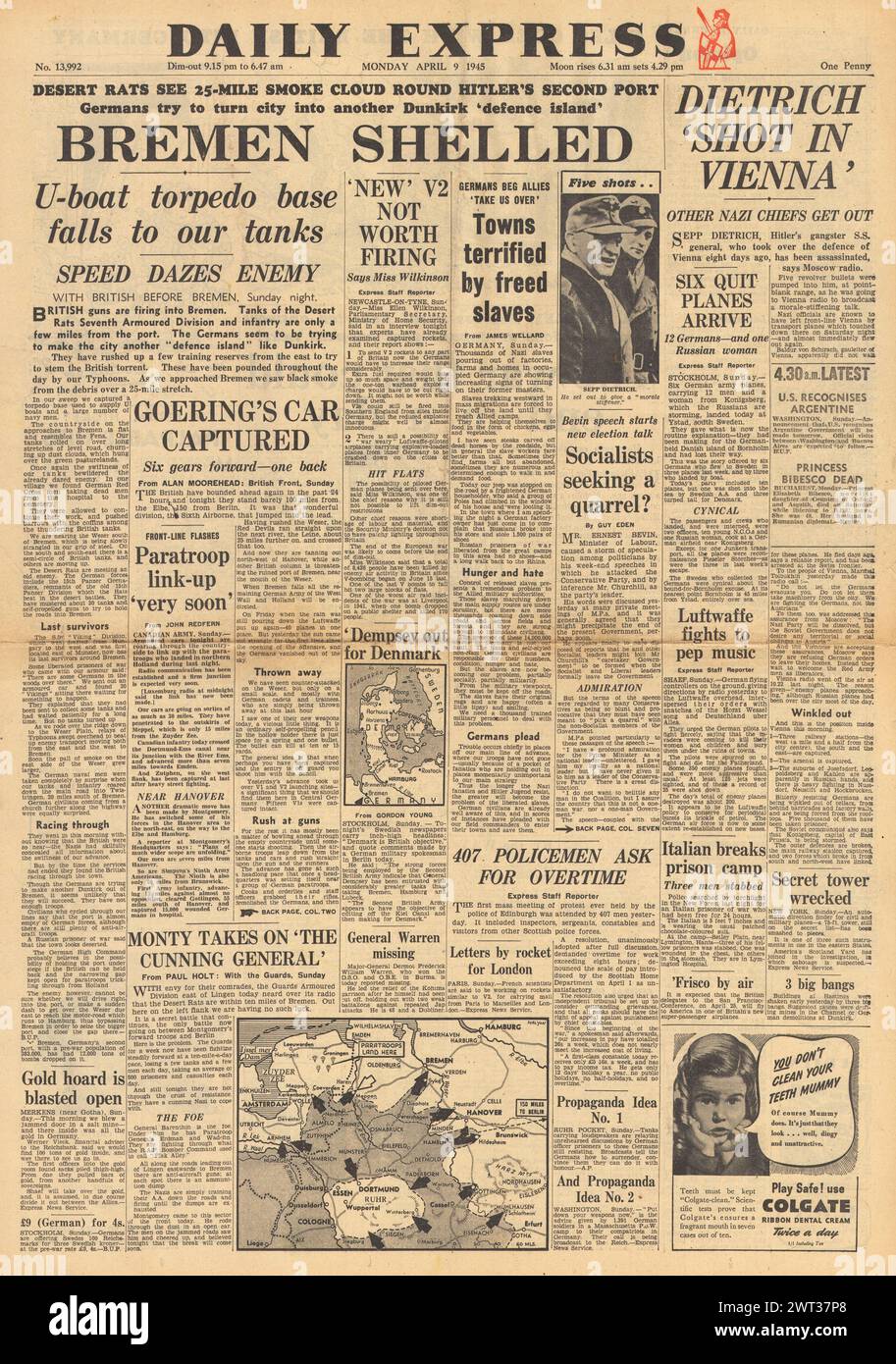 1945 Daily Express-Titelseite berichtet, dass Alliierte Hannover und Bremen bedrohen und Falschmeldungen über die Ermordung von General Sepp Dietrich machen Stockfoto