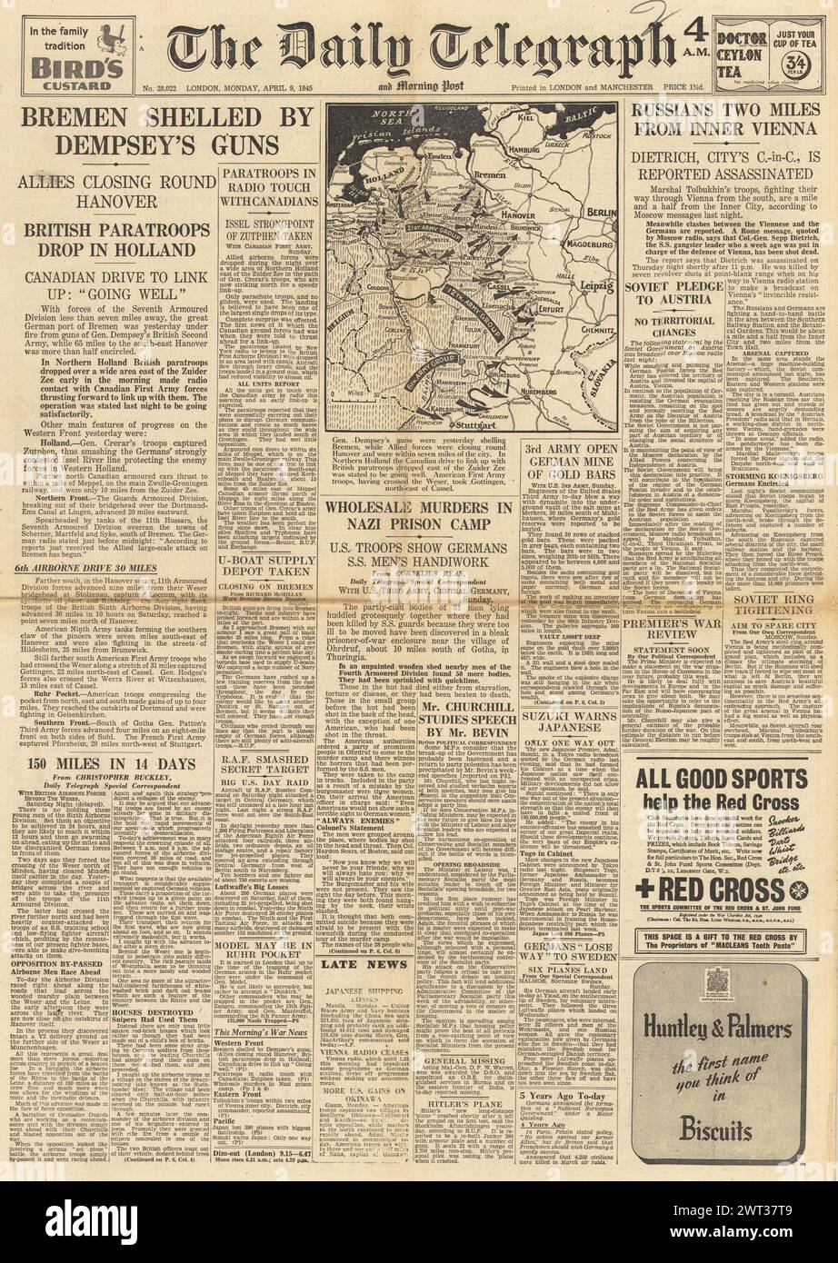 1945 die Titelseite des Daily Telegraph berichtet von Alliierten drohen Hannover und Bremen, falscher Meldung über die Ermordung von General Sepp Dietrich, Schlacht um Wien und Königsberg sowie des Konzentrationslagers Ohrdruf Stockfoto