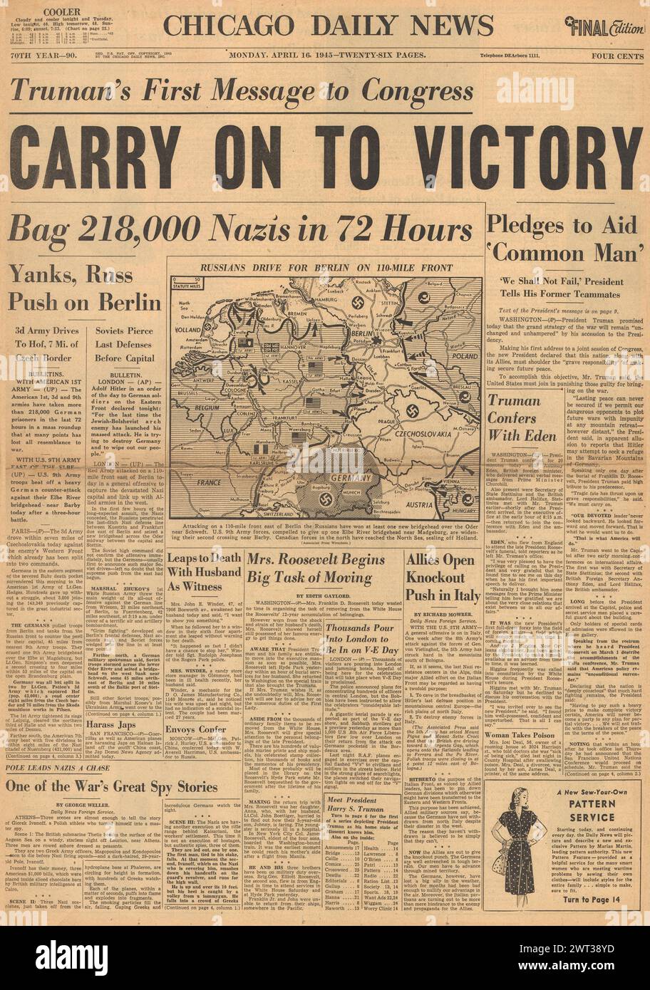 1945 Chicago Daily News Titelseite berichtet Truman-Rede über Sieg und deutsche Kriegsgefangene Stockfoto