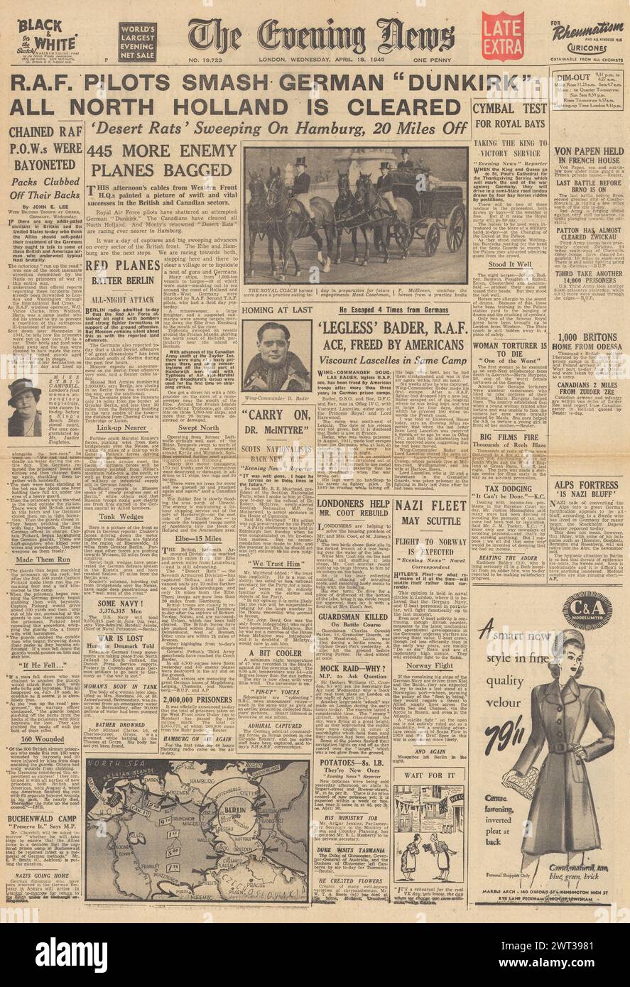 1945 die Titelseite der Evening News berichtet, dass Nordholland von deutschen Truppen befreit wurde, Douglas Bader aus Colditz entlassen wurde und um Berlin kämpfte Stockfoto