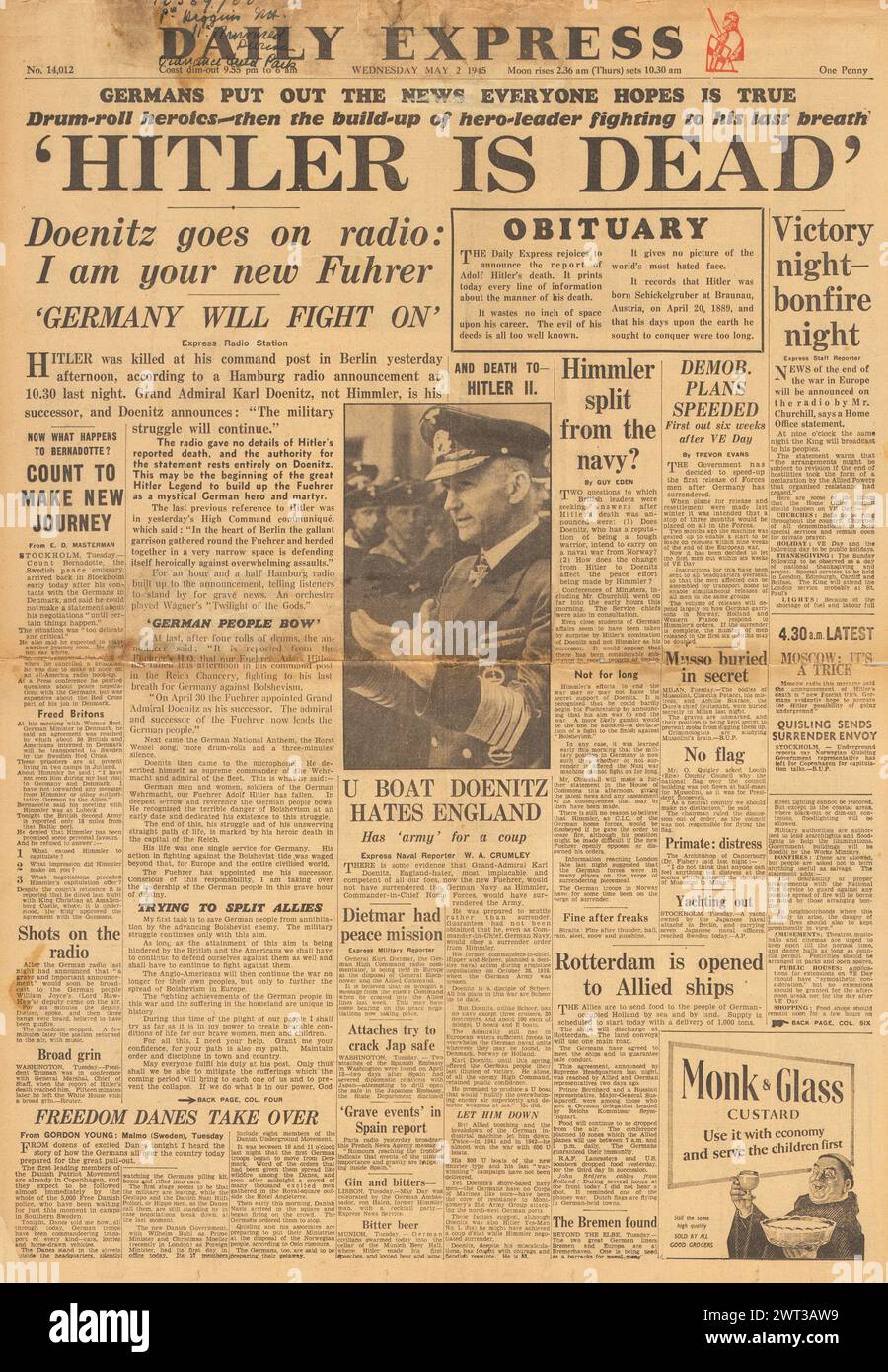 1945 Daily Express-Titelseite, die den Tod von Adolf Hitler und Karl Doenitz meldet, wird neuer Bundeskanzler Stockfoto