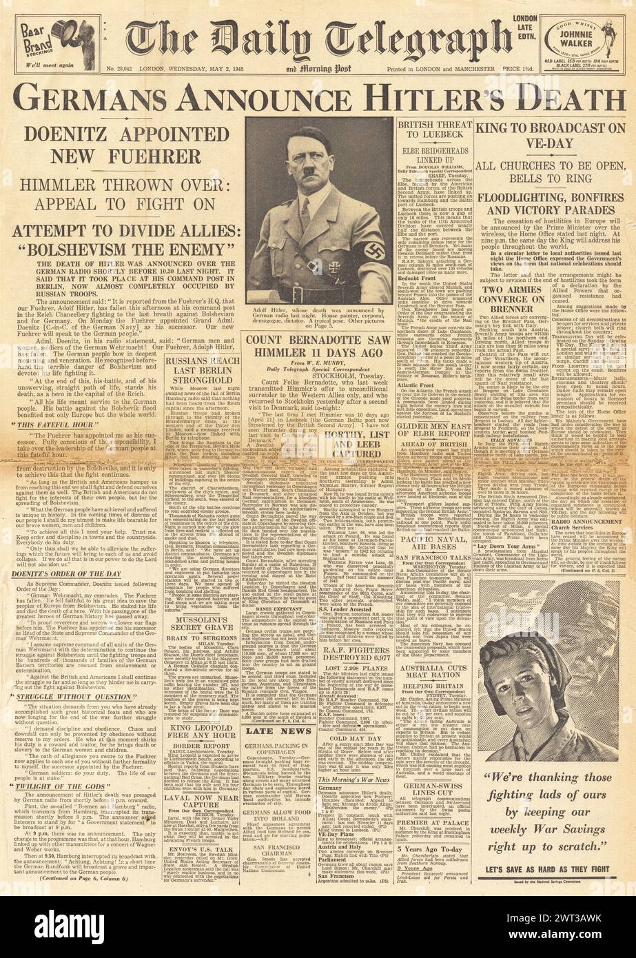 1945 die Titelseite des Daily Telegraph über den Tod von Adolf Hitler und Karl Doenitz wird neuer Bundeskanzler Stockfoto
