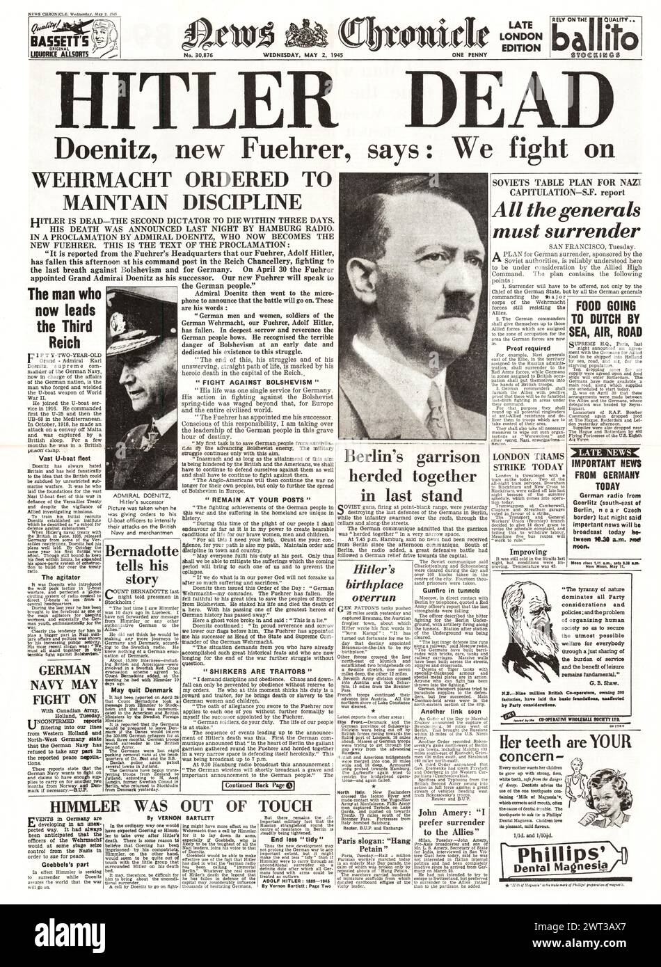 1945 News Chronik Titelseite über den Tod von Adolf Hitler und Karl Doenitz wird neuer Bundeskanzler Stockfoto