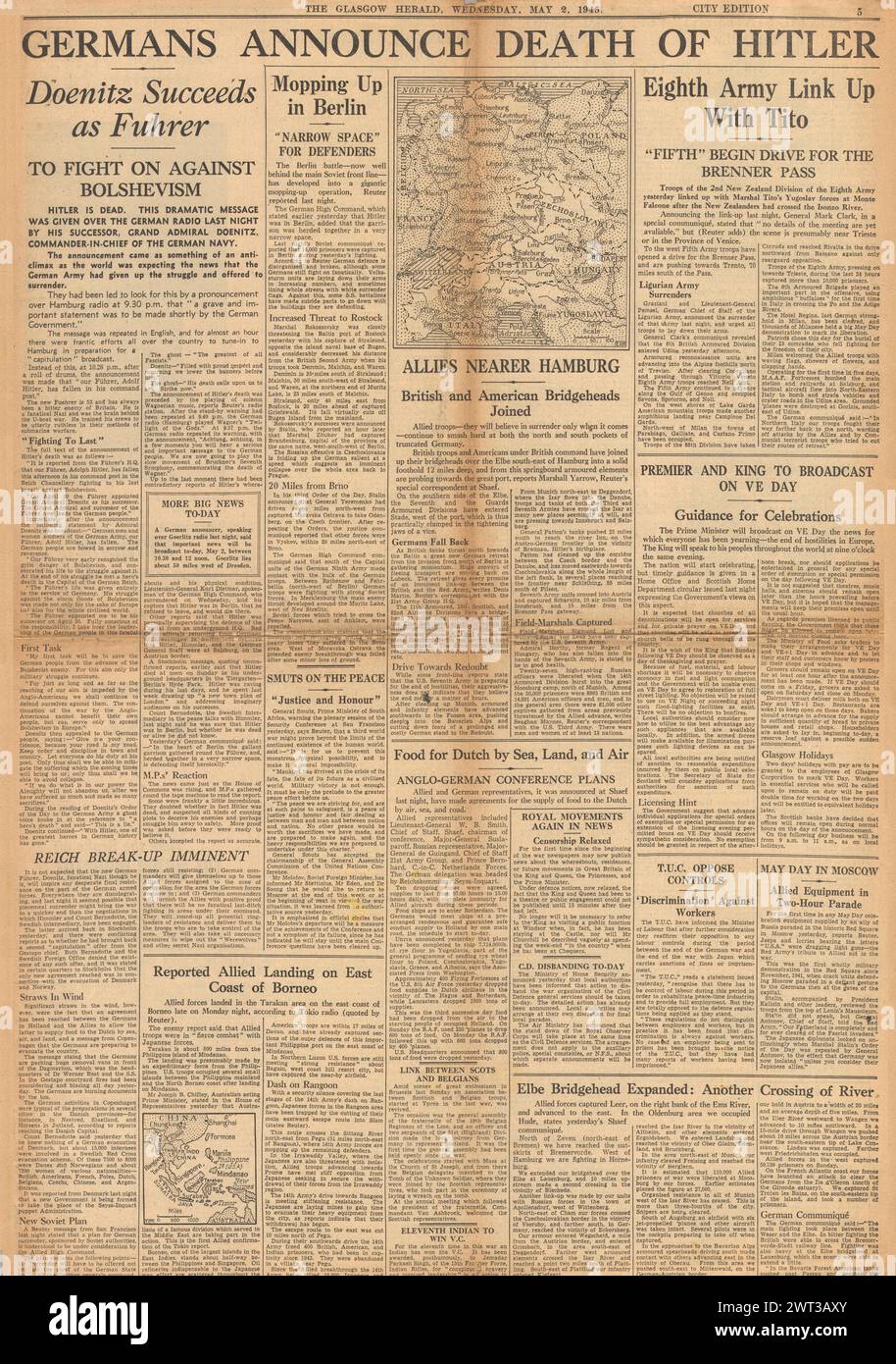 1945 die Titelseite des Glasgow Herald berichtet über den Tod von Adolf Hitler, Karl Doenitz wird neuer Bundeskanzler und Alliierte bei Hamburg Stockfoto