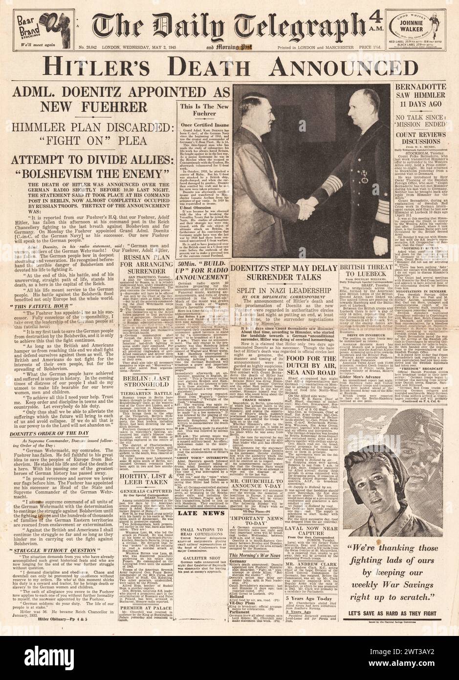 1945 die Titelseite des Daily Telegraph über den Tod von Adolf Hitler und Karl Doenitz wird neuer Bundeskanzler Stockfoto