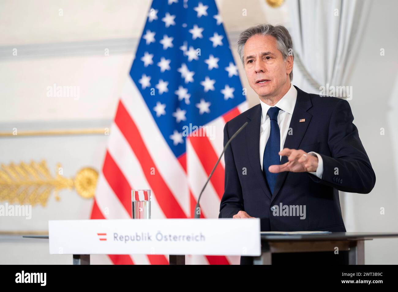 Wien, Österreich. 13. März 2024. Pressekonferenz bei Arbeitsbesuch von US-Außenminister Antony blinken bei Außenminister von Österreich Alexander Schallenberg. Wien *** Wien, Österreich 13. März 2024 Pressekonferenz während des Arbeitsbesuchs von US-Außenminister Antony blinkend beim österreichischen Außenminister Alexander Schallenberg Wien Stockfoto