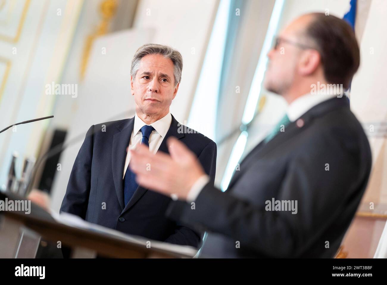 Wien, Österreich. 13. März 2024. Pressekonferenz bei Arbeitsbesuch von US-Außenminister Antony blinken bei Außenminister von Österreich Alexander Schallenberg. Wien *** Wien, Österreich 13. März 2024 Pressekonferenz während des Arbeitsbesuchs von US-Außenminister Antony blinkend beim österreichischen Außenminister Alexander Schallenberg Wien Stockfoto