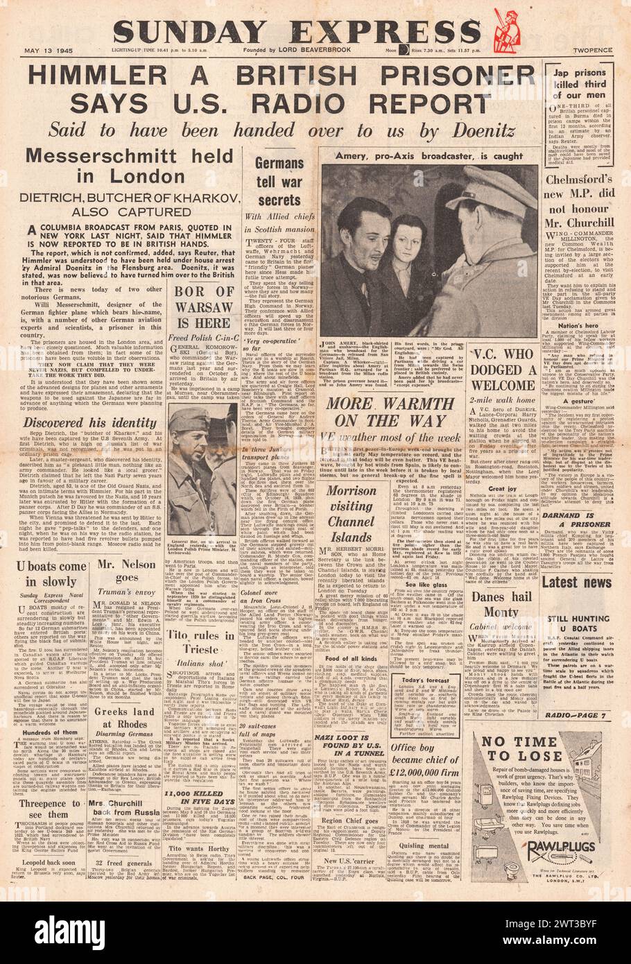 1945 Sunday Express-Titelseite, auf der Heinrich Himmler gefangen genommen, Sepp Dietrich gefangen genommen und John Amery verhaftet wird Stockfoto