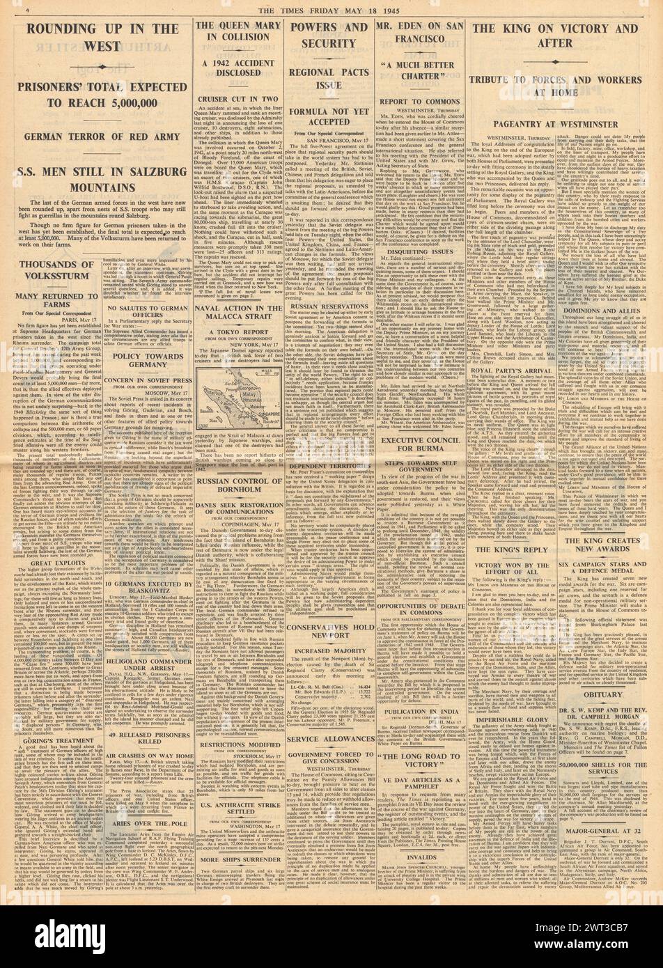 1945 berichtete die Times von deutschen Kriegsgefangenen, King George Siegesrede bei Westminster und Queen Mary und HMS Curacoa Kollision Stockfoto