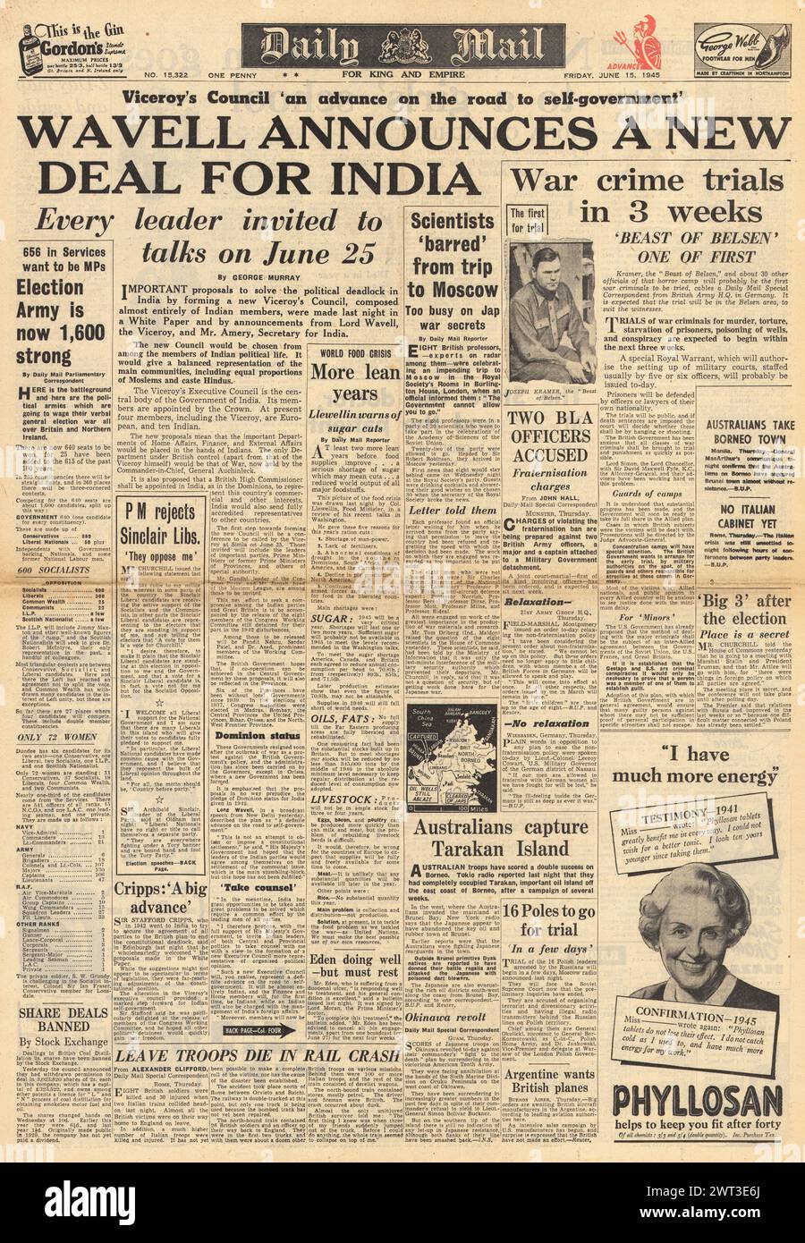 1945 Daily Mail berichtet, dass Wavell einen neuen Deal für Indien und Kriegsverbrecherprozesse eröffnet Stockfoto