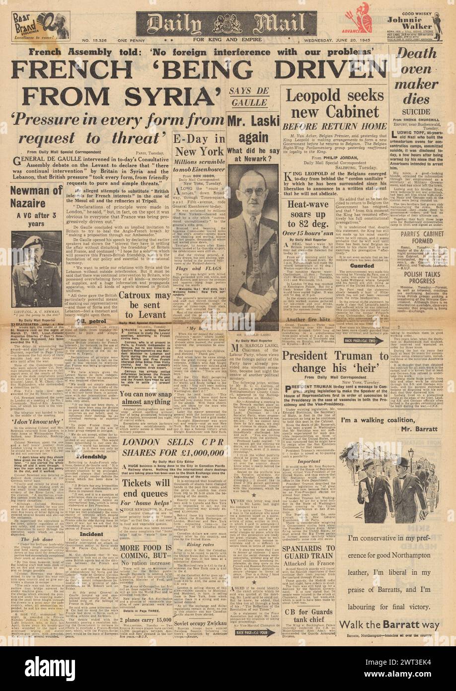 1945 Daily Mail-Titelseite berichtet, dass Franzosen aus Syrien vertrieben wurden, die Razzien von St. Nazaire wurden mit VC ausgezeichnet und Laski plädiert für Gewalt, um den Sozialismus herbeizuführen Stockfoto