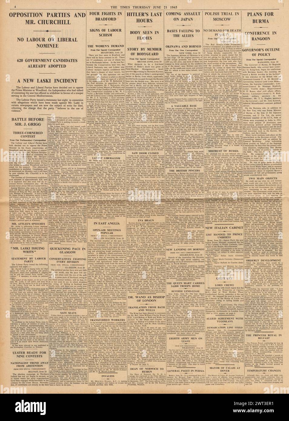 1945 die Times berichtete, dass John Wand zum neuen Bischof von London ernannt wurde, Schlacht von Okinawa und Verbrennung von Adolf Hitlers Leichnam Stockfoto