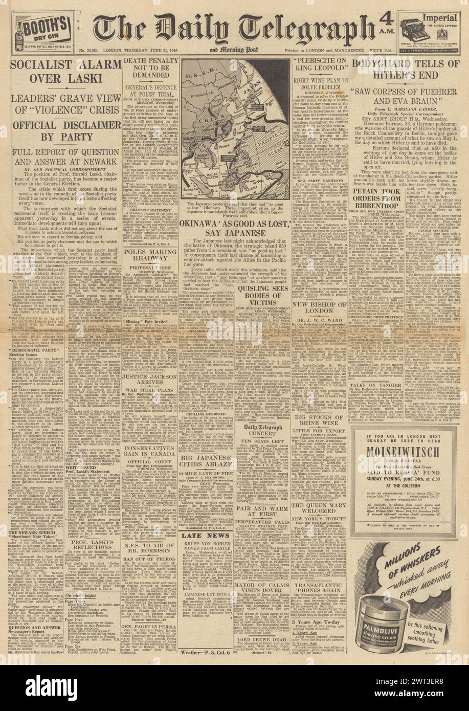 1945 die Titelseite des Daily Telegraph berichtet von der Wahl, John Wand wird zum neuen Bischof von London ernannt, Schlacht von Okinawa und Verbrennung von Adolf Hitlers Leichnam Stockfoto