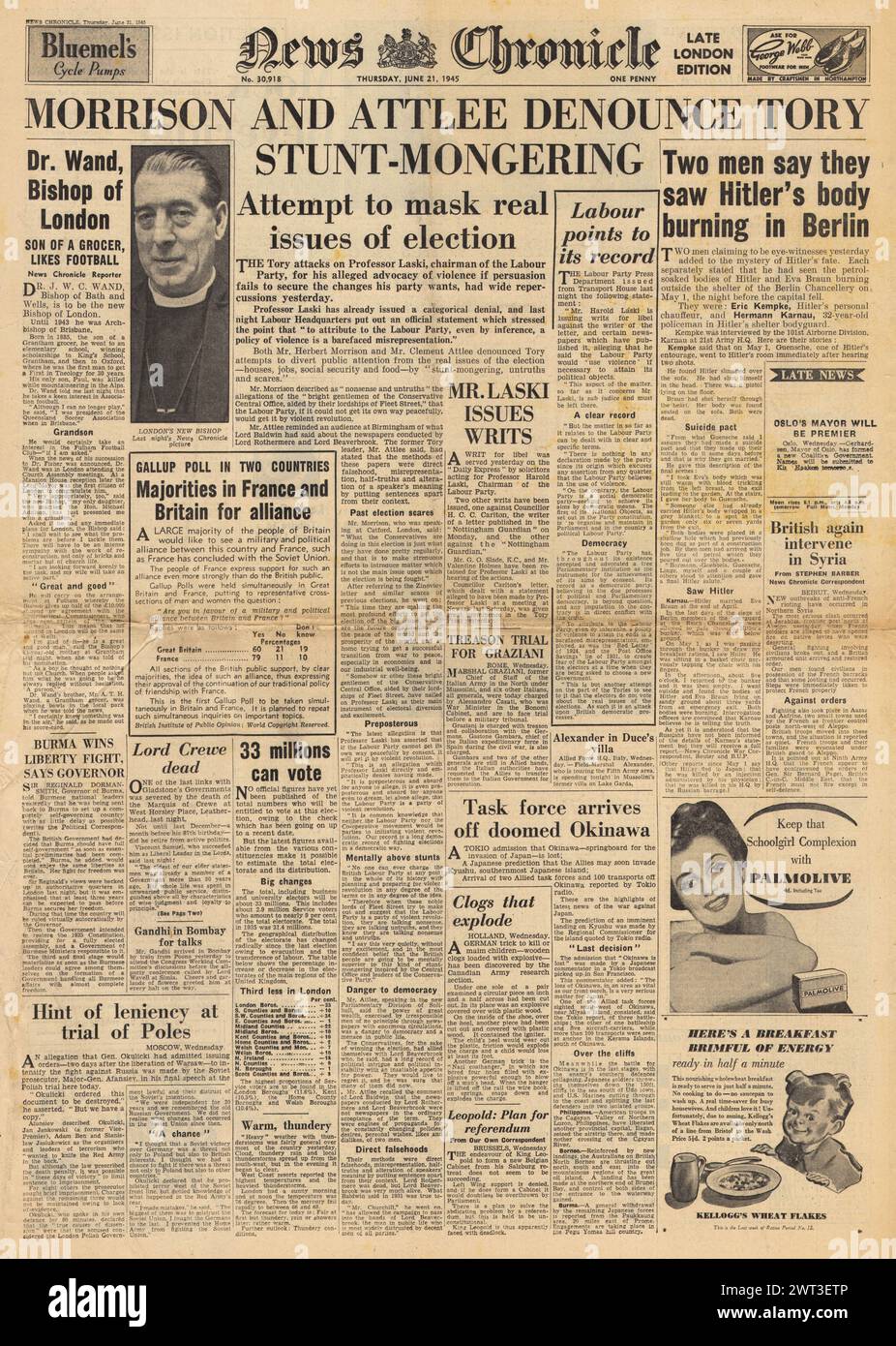 1945 News Chronicle Titelseite berichtet über die Wahlen, John Wand wird zum neuen Bischof von London ernannt, Schlacht von Okinawa und Verbrennung von Adolf Hitlers Leichnam Stockfoto