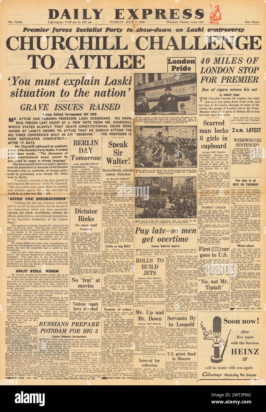 1945 Daily Express-Titelseite berichtet über Wahlkampagne Stockfoto