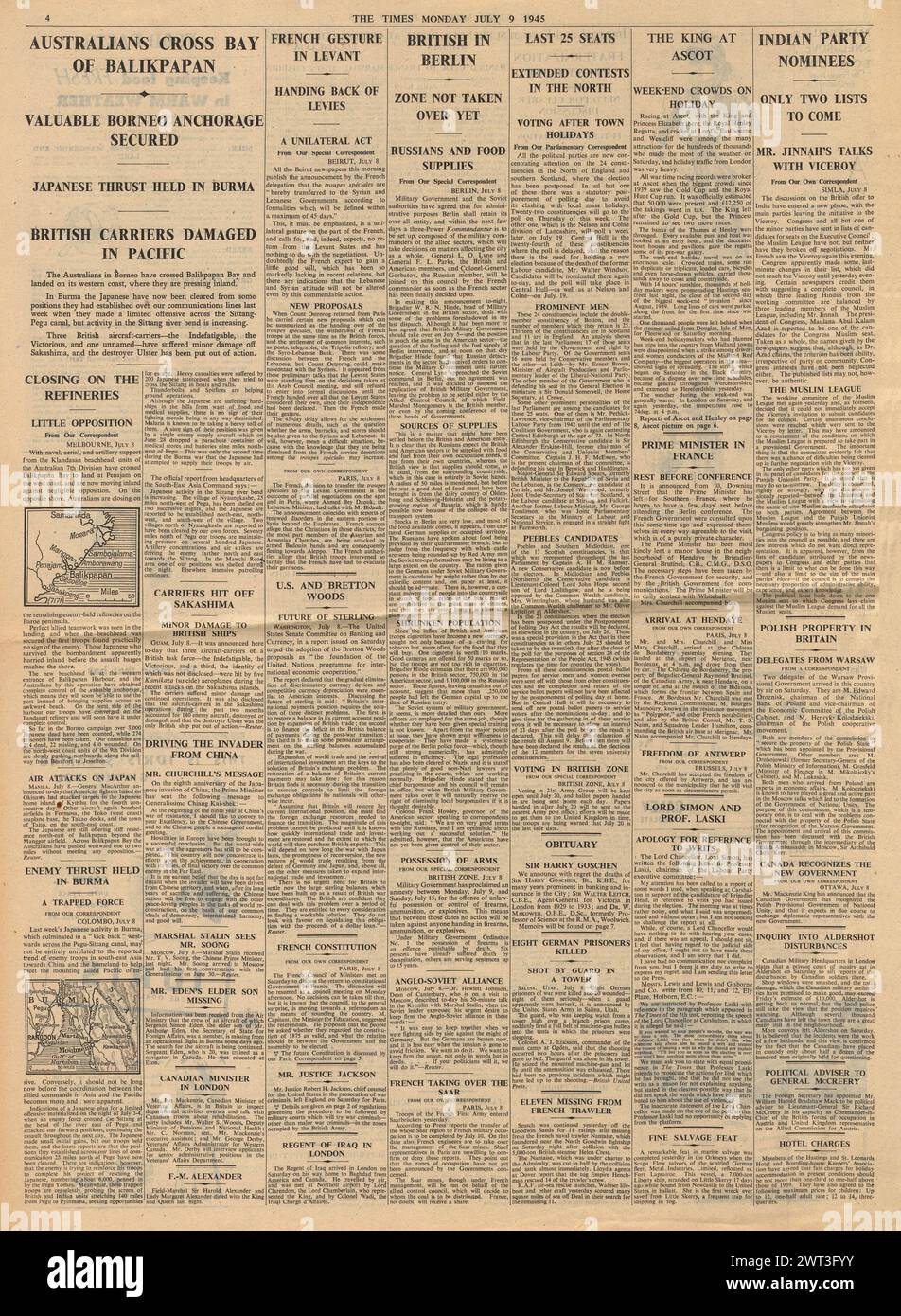 1945 berichtete die Times über die Schlacht um Borneo und die britischen Truppen in Berlin Stockfoto