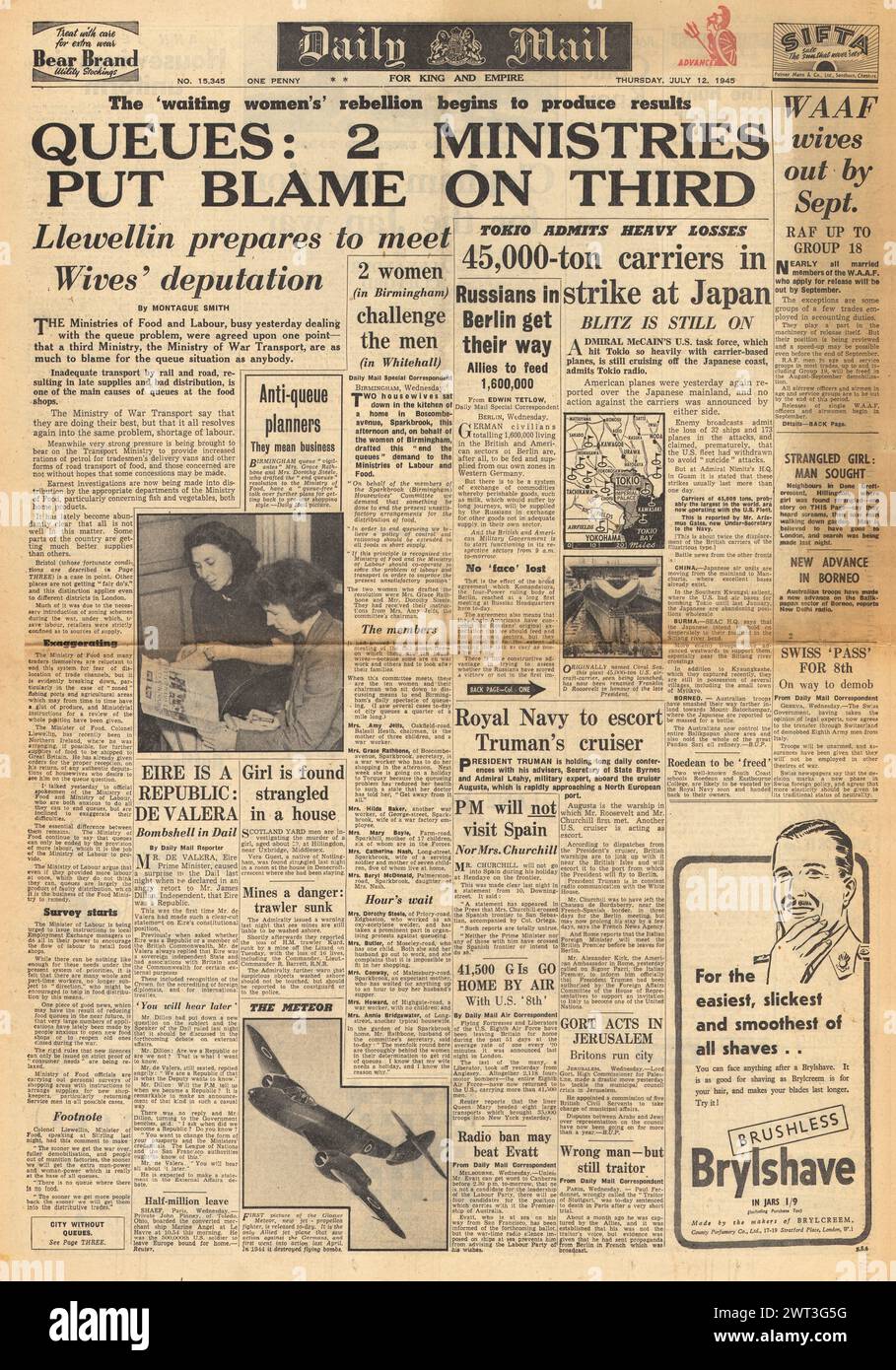 1945 Daily Mail-Titelseite berichtet von Lebensmittelknappheit, schweren Bombenangriffen auf Japan, de Valera sagt Eire A republic, Mord an Vera Guest und dem neuen Meteor Jet Stockfoto