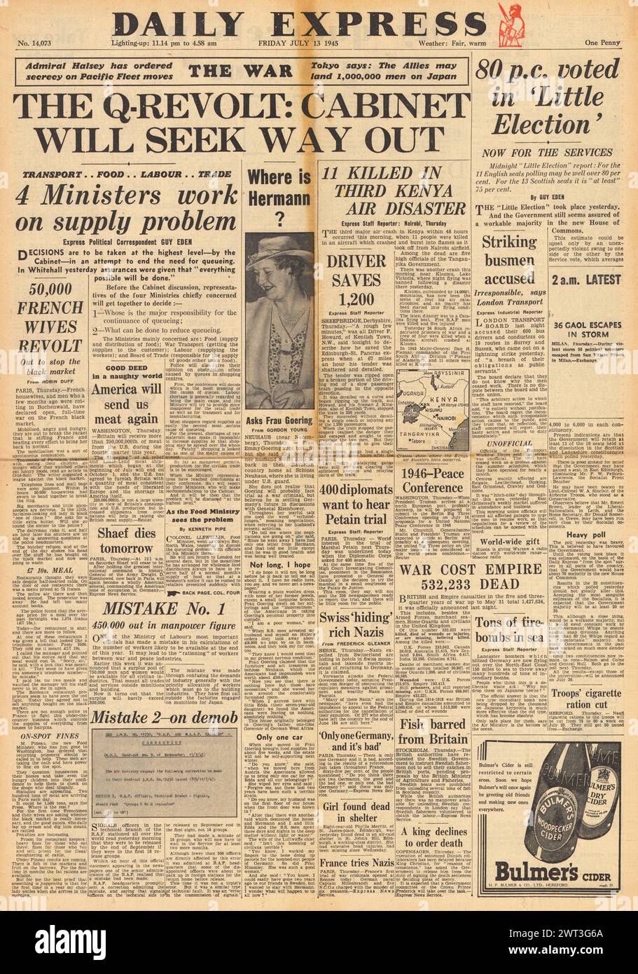 1945 Daily Express-Titelseite berichtet über Lebensmittelversorgung und -Engpässe, Luftkatastrophe in Kenia und Kriegsverluste in Großbritannien und Empire Stockfoto