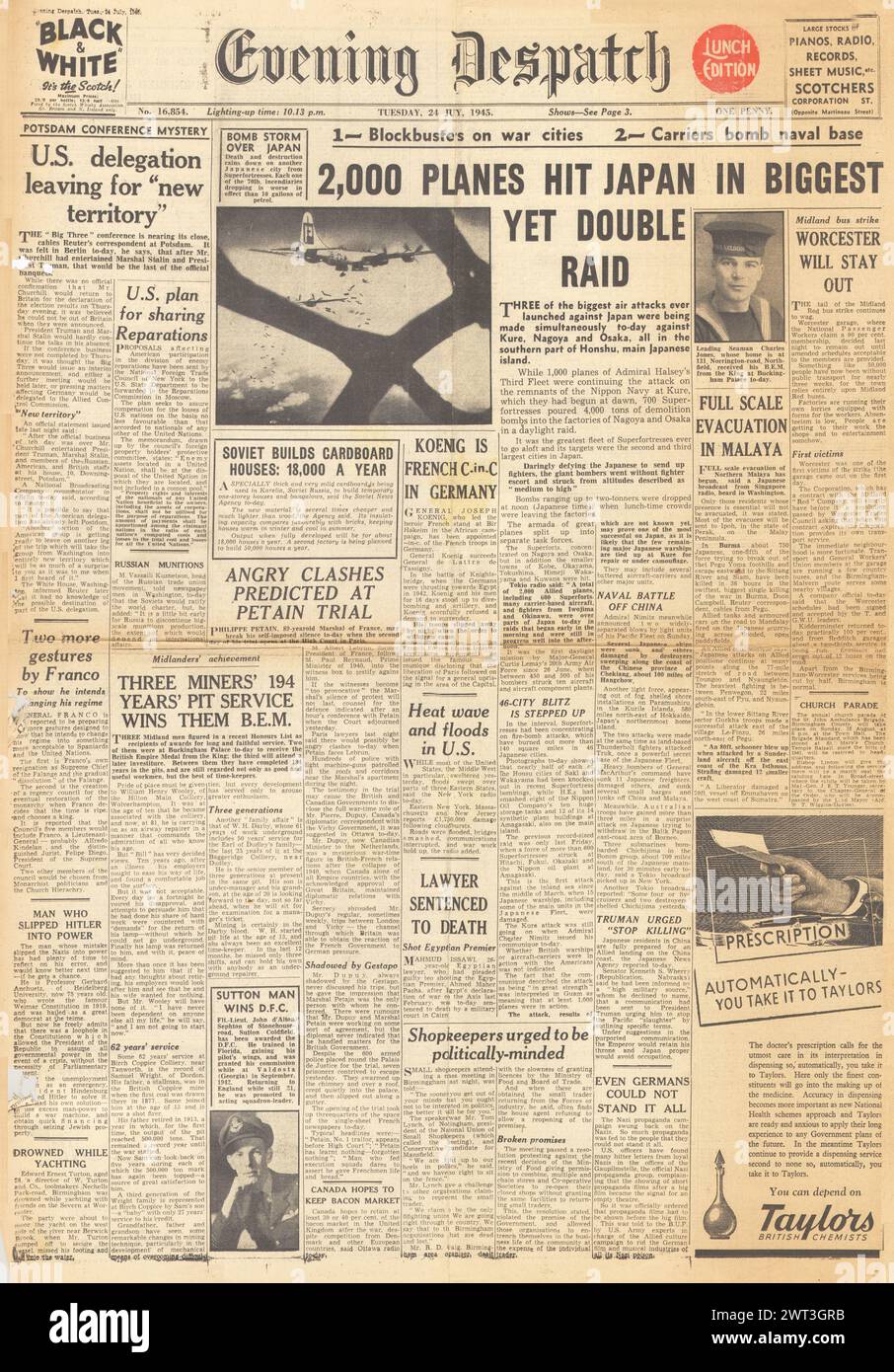 1945 Evening Dispatch-Titelseite, die die alliierte Flugzeugbombe Japan meldet Stockfoto