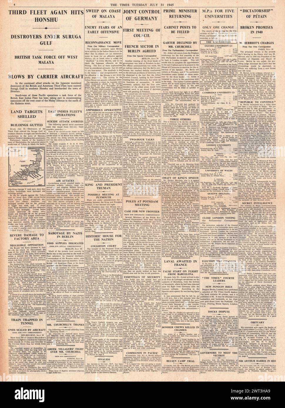 1945 bombardierten Kriegsschiffe Japan, britisches Schiff Clear Way to Singapur, gemeinsame Kontrolle über Deutschland und Prozess gegen Marschall Petain Stockfoto