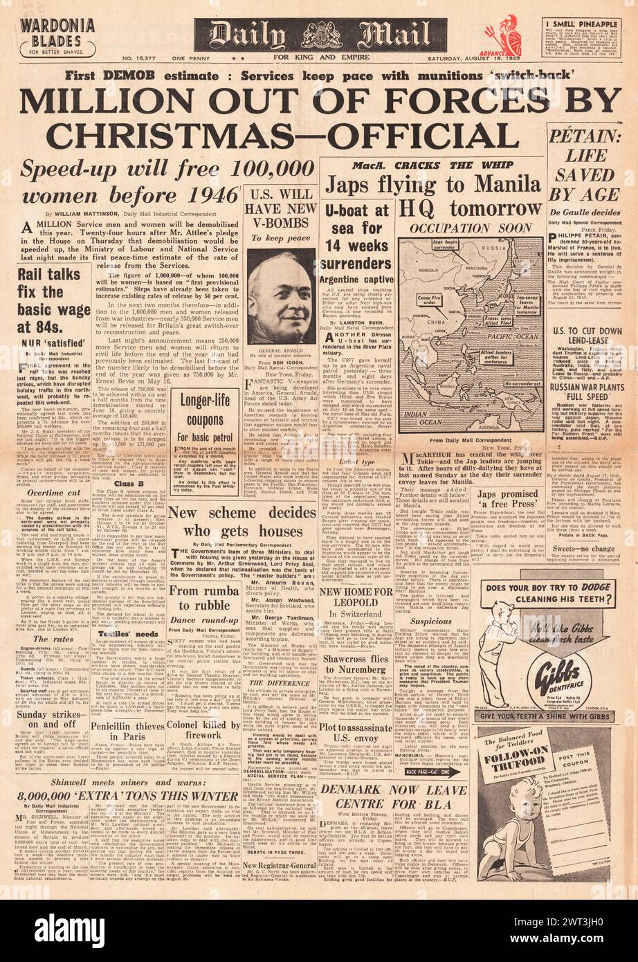 1945 Daily Mail Titelseite berichtet über das Demobilisierungsprogramm, Japan entsendet Gesandte nach Manila und Petain, die zu lebenslanger Haft verurteilt werden Stockfoto