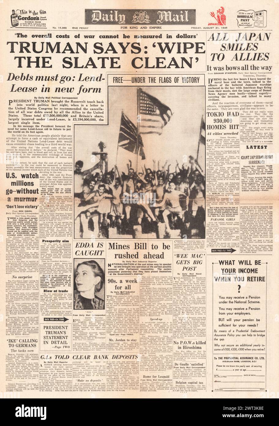 1945 Daily Mail-Titelbericht Lend Lease Report im Kongress, umfangreiche Bombenschäden in Tokio und Besetzung Japans beginnen Stockfoto