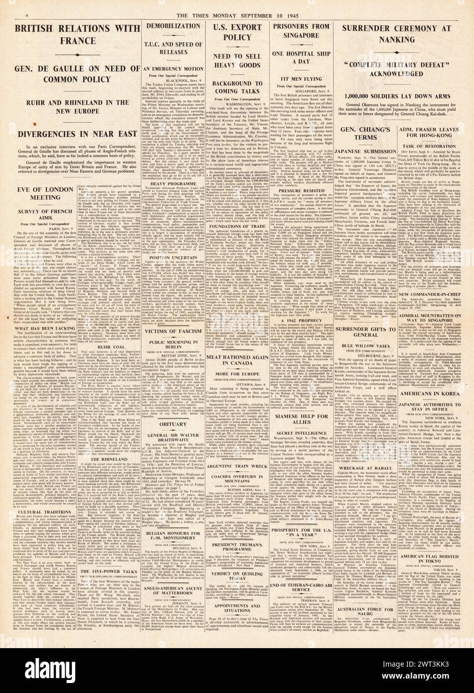 1945 die Times berichtete, dass die britischen Beziehungen über Frankreich, japanische Truppen in Nanking kapitulieren, Demobilisierungspläne und Kriegsgefangene aus Singapur Stockfoto