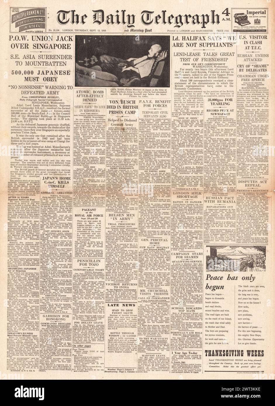 1945 die Titelseite des Daily Telegraph berichtet über die Kapitulation Japans in Singapur, den Selbstmord von General Hideki Tojo, Lord Halifax Handelsmission in Amerika und den Tod von Ernst von Busch Stockfoto