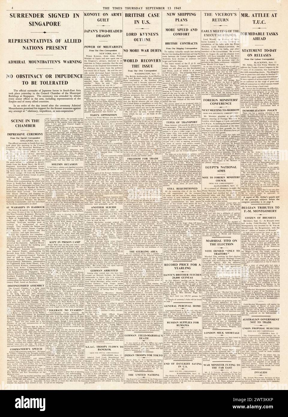 1945 berichtete die Times von der Kapitulation Japans in Singapur, versuchte Selbstmord von General Hideki Tojo, Lord Halifax Handelsmission in Amerika und Tod von Ernst von Busch Stockfoto
