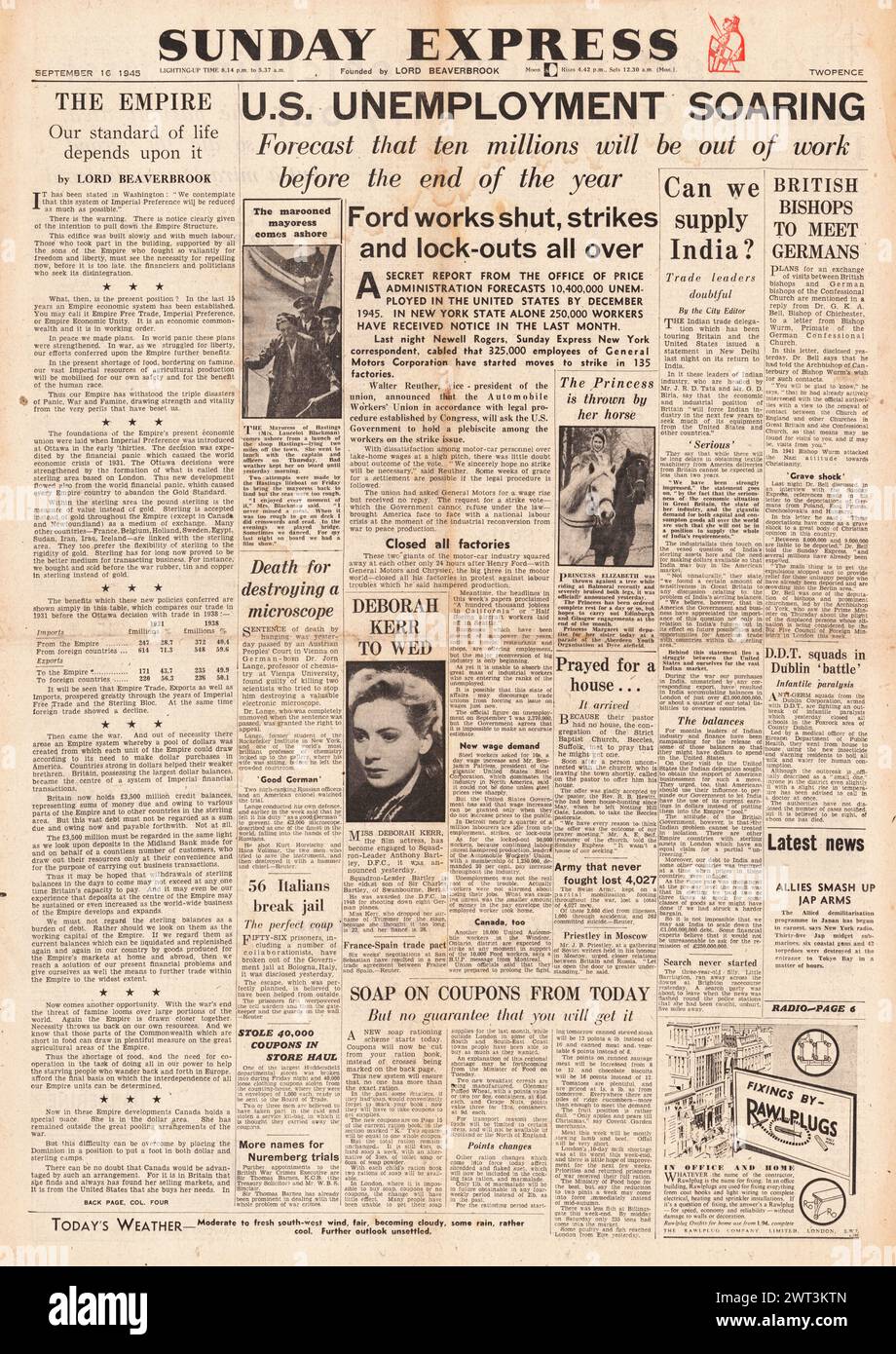 Die Titelseite des Sunday Express 1945 berichtet über die steigende Arbeitslosigkeit in den USA, die Schauspielerin Deborah Kerr heiratete und Prinzessin Elizabeth von ihrem Pferd geworfen Stockfoto