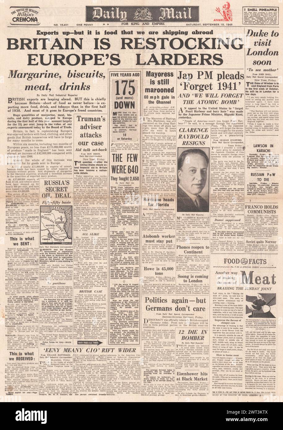 1945 Daily Mail-Titelseite berichtet über britische Lebensmittelexporte nach Europa, Premierminister von Japan bittet die USA, Pearl Harbour zu vergessen, Clarence Raybould tritt zurück und Battle of Britain berichtet Stockfoto