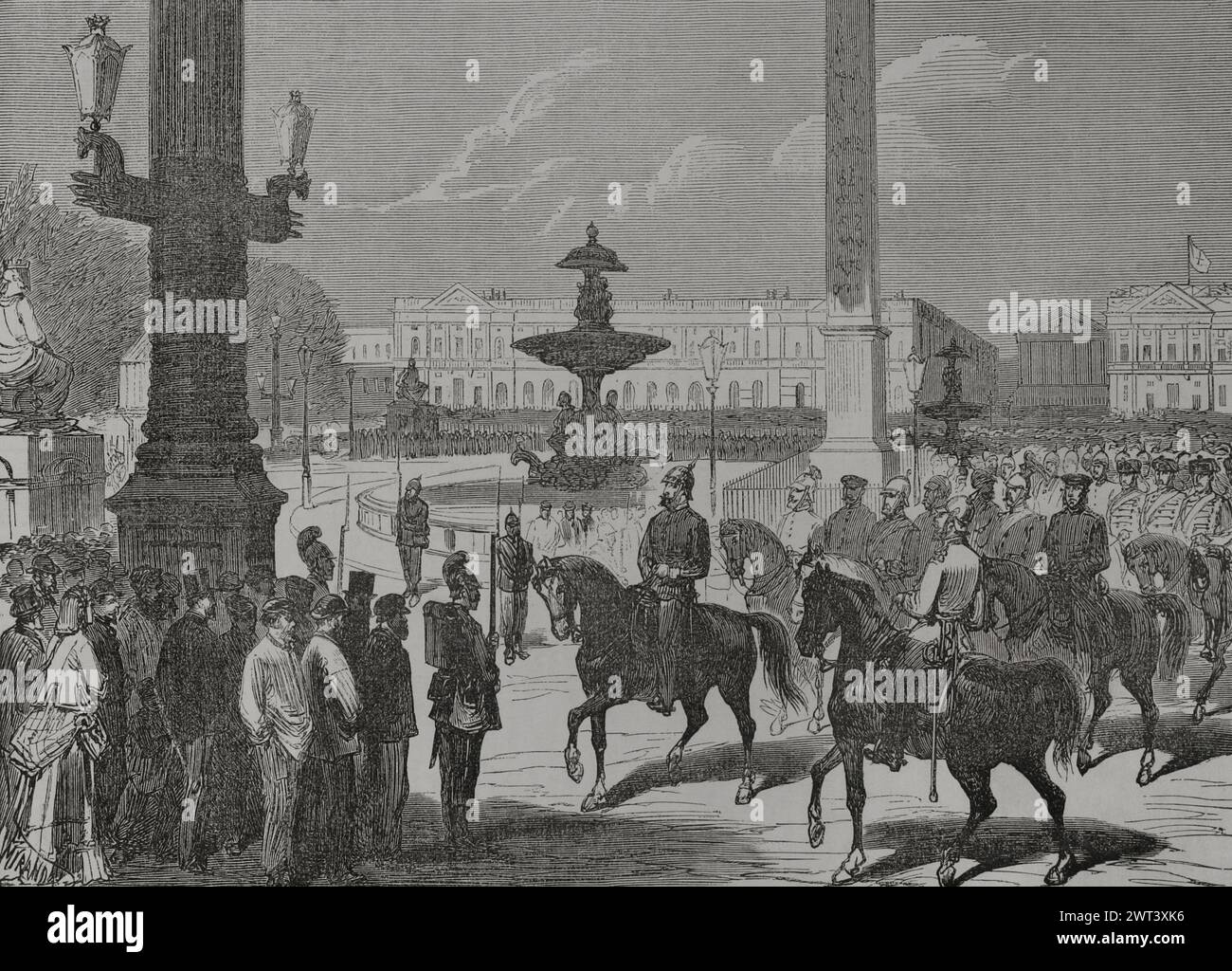 Deutsch-Französischer Krieg (1870–1871). Belagerung von Paris (19. September 1870 bis 28. Januar 1871). Paris. Die Deutschen an der Place de la Concorde. Zeichnung von Miranda. Gravur. Historia de la Guerra de Francia y Prusia (Geschichte des Krieges zwischen Frankreich und Preußen). Band II Veröffentlicht in Barcelona, 1871. Autor: Fernando Miranda. Spanischer Zeichner aus dem 19. Jahrhundert. Stockfoto