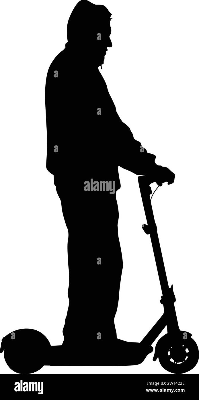 Silhouette auf weißem Hintergrund eines Menschen auf Elektroroller. Stock Vektor
