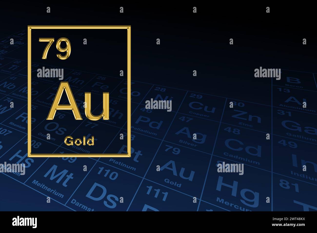 Goldenes Symbol für chemische Elemente mit Reliefform über dem Periodensystem im Hintergrund. Edles und edles Metall mit chemischem Symbol Au. Stockfoto