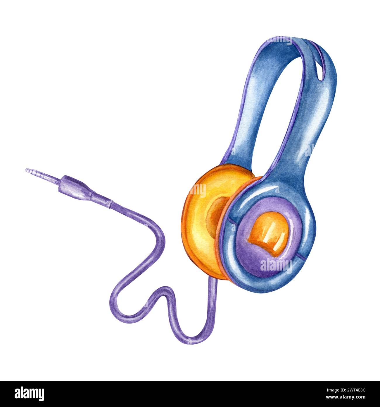 Blaue gelbe Kopfhörer mit violettem Draht. Mobilgerät für Musikgeräte. Audio hören. Kopfhörer. Ohrhörer zum Musikhören. Stockfoto