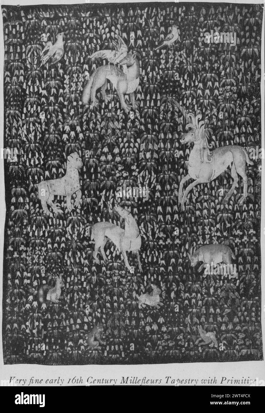 Millefleurs Boden mit lockigen Mähnen Pferd, Leopard, Fuchs, Widder, Hirsch Kaninchen und Vögeln. Unbekannt ca. 1500-1525 Gobelin Abmessungen: H 8'3' x B 5'10' Gobelin Materialien/Techniken: Unbekannt Kultur: Southern Netherlands Weaving Center: Unbekannt Besitz Geschichte: Französisch & Co. Erhalten von Frau Louis W. Tripp, 22.9.1941; zurückgegeben am 8.12.1943. Verwandte Werke: Stilistisch ähnliche Wandteppiche: GCPA 0240120 & 0183920; Angers, Château d’Angers (aus der Kirche Nôtre-Dame des Ardilliers, Saumur, siehe Göbel); Paris, Private Coll. (Siehe Boccara); Zürich, Galerie Köller (siehe Delmarcel); Monza, 'Millefleurs with S Stockfoto