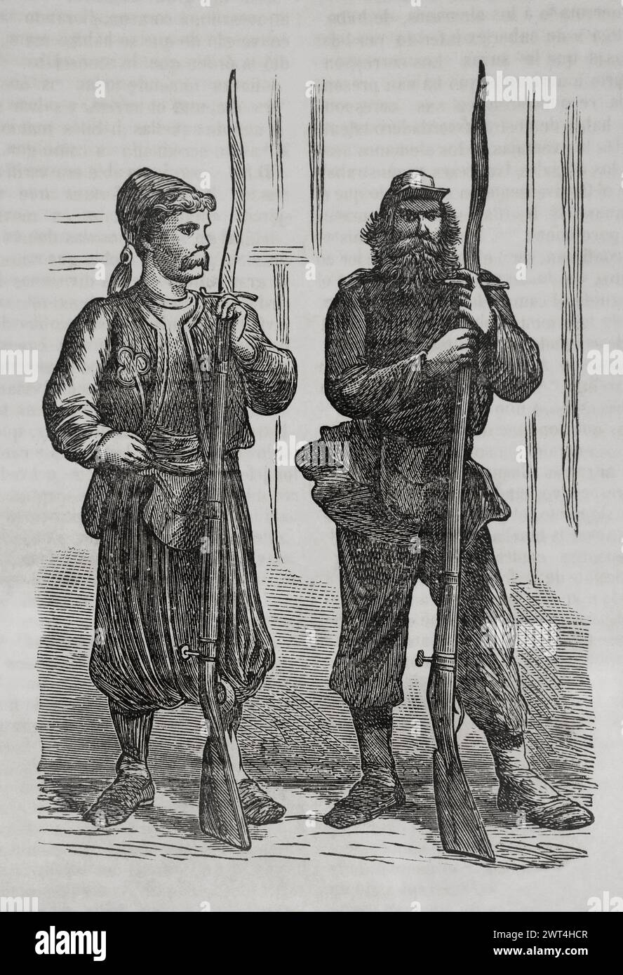 Frankreich. Kommune Paris. Revolutionäre Volksbewegung, die vom 18. März bis 28. Mai 1871 in Paris die Macht übernahm, während des Deutsch-Französischen Krieges. Soldaten der Kommune. Gravur. Historia de la Guerra de Francia y Prusia (Geschichte des Krieges zwischen Frankreich und Preußen). Band II Veröffentlicht in Barcelona, 1871. Stockfoto